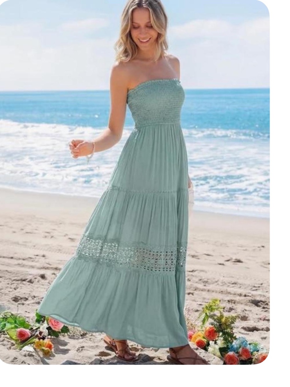 Zesica Bohemian Strapless Lace Trim Backless Maxi Dress Maxi Dress Sage